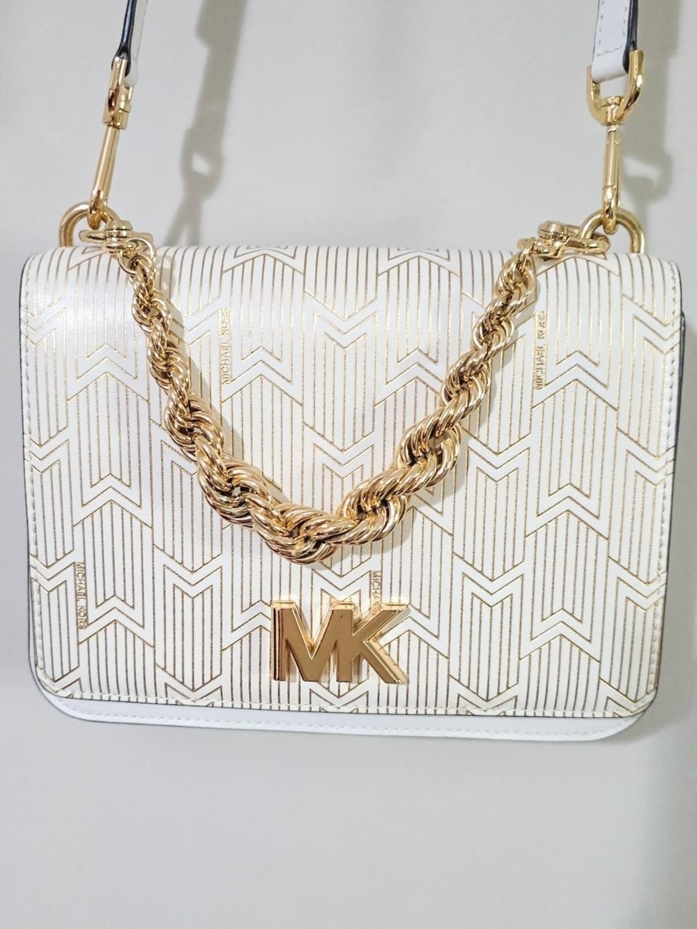 Michael Kors White Crossbody with Gold Chain and Logo